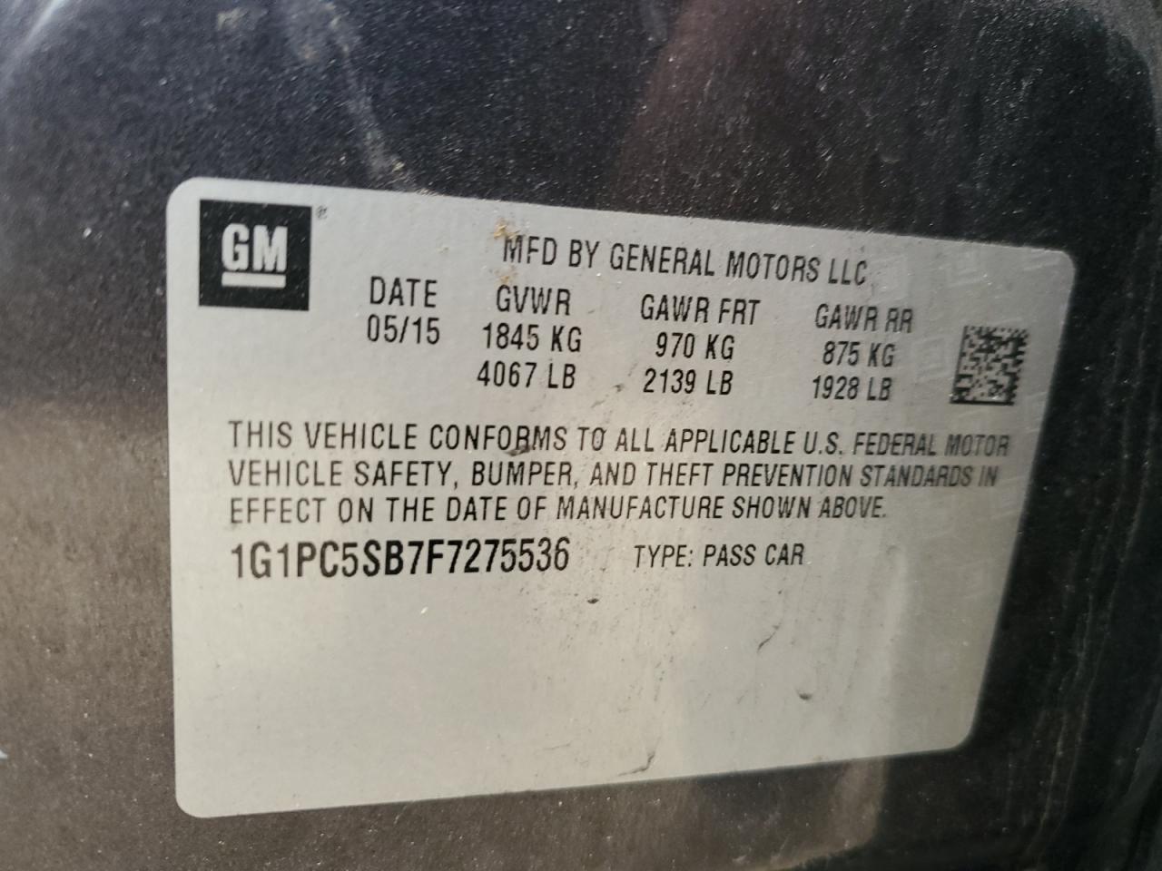2015 Chevrolet Cruze VIN 1G1PC5SB7F7275536 Copart auction photo, all over / minor dent/scratches damage thumbnail 12