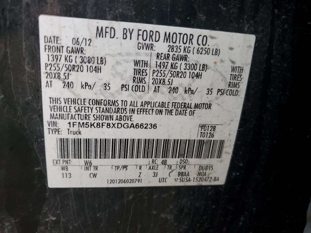 2013 Ford Explorer VIN 1FM5K8F8XDGA66236 Copart auction photo, front end / minor dent/scratches damage thumbnail 14