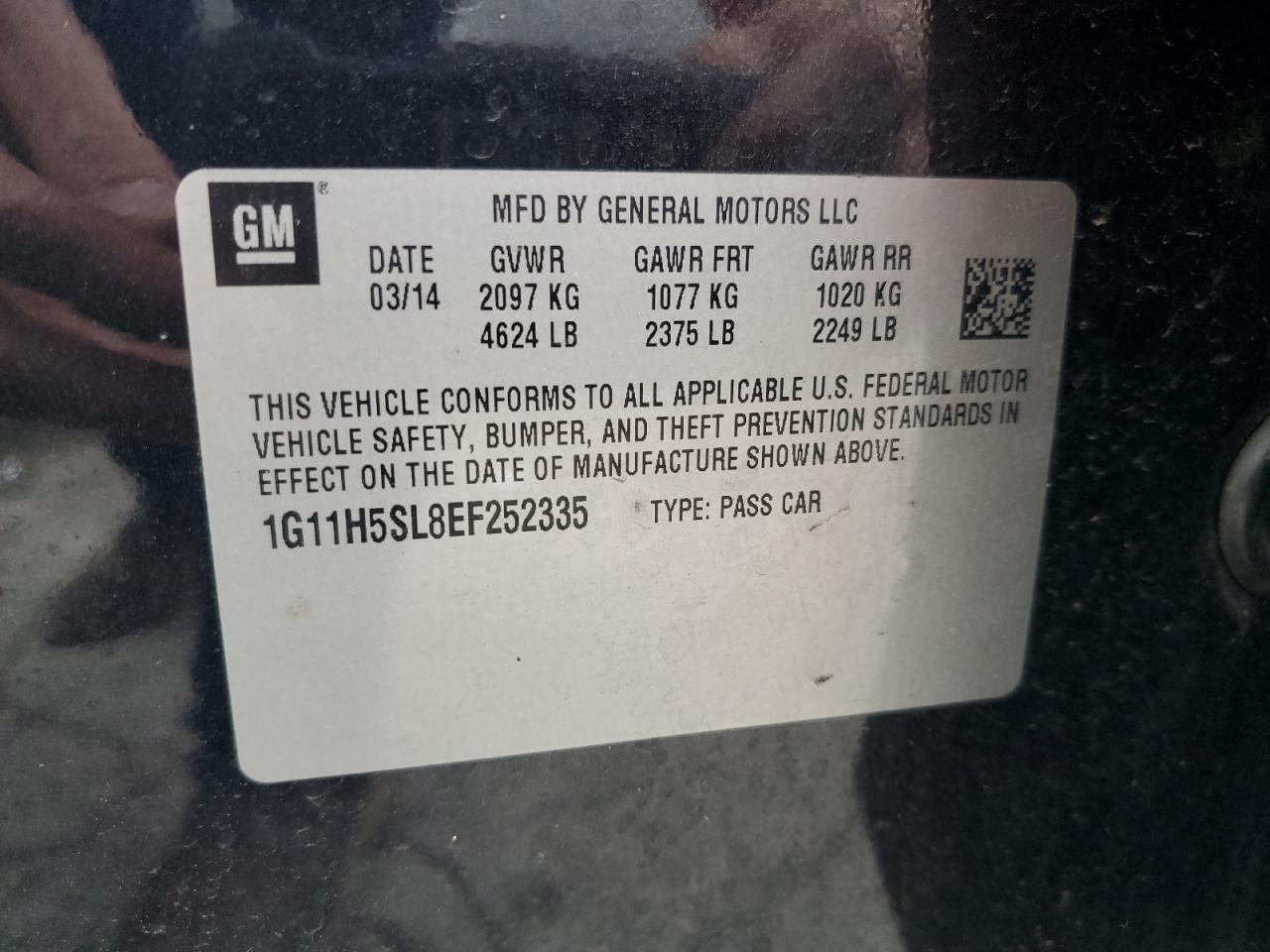 2014 Chevrolet Malibu VIN 1G11H5SL8EF252335 Copart auction photo, side / minor dent/scratches damage thumbnail 12