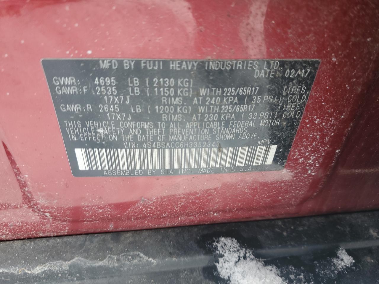 2017 Subaru Outback VIN 4S4BSACC6H3352343 Copart auction photo, front end damage thumbnail 14