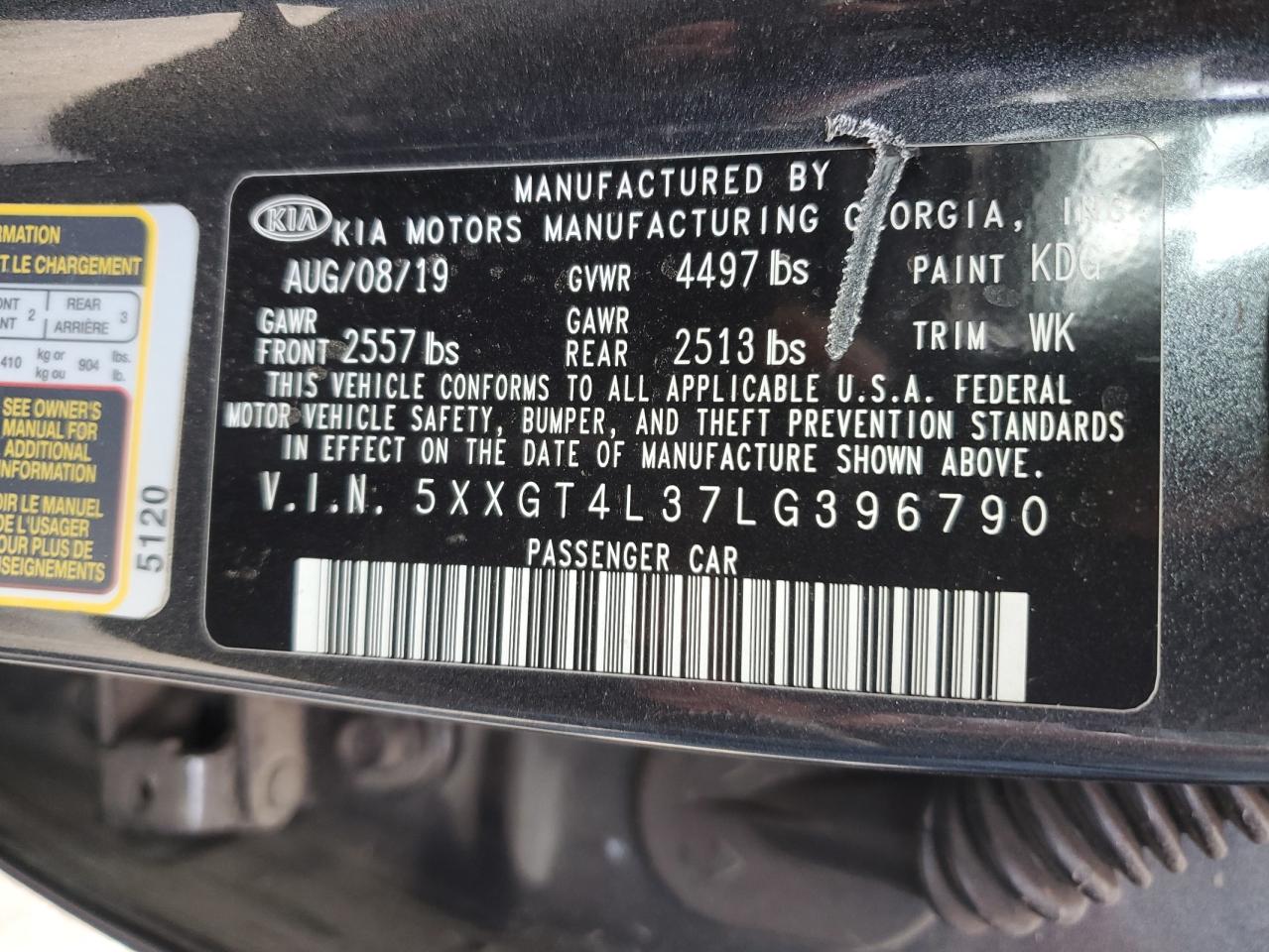 2020 KIA Optima VIN 5XXGT4L37LG396790 Copart auction photo, front end damage thumbnail 13