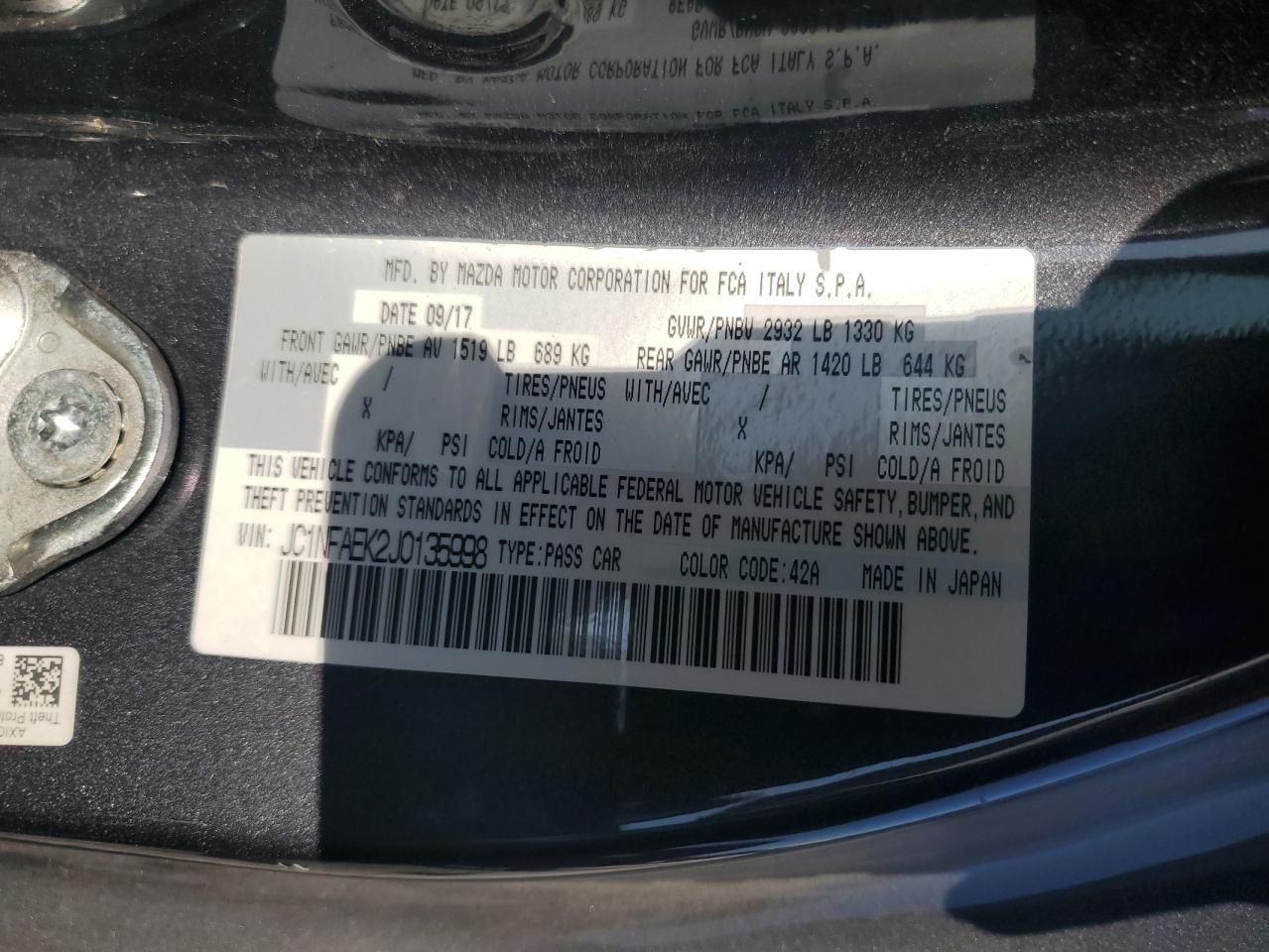 2018 Fiat 124 Spider VIN JC1NFAEK2J0135998 Copart auction photo, front end damage thumbnail 14