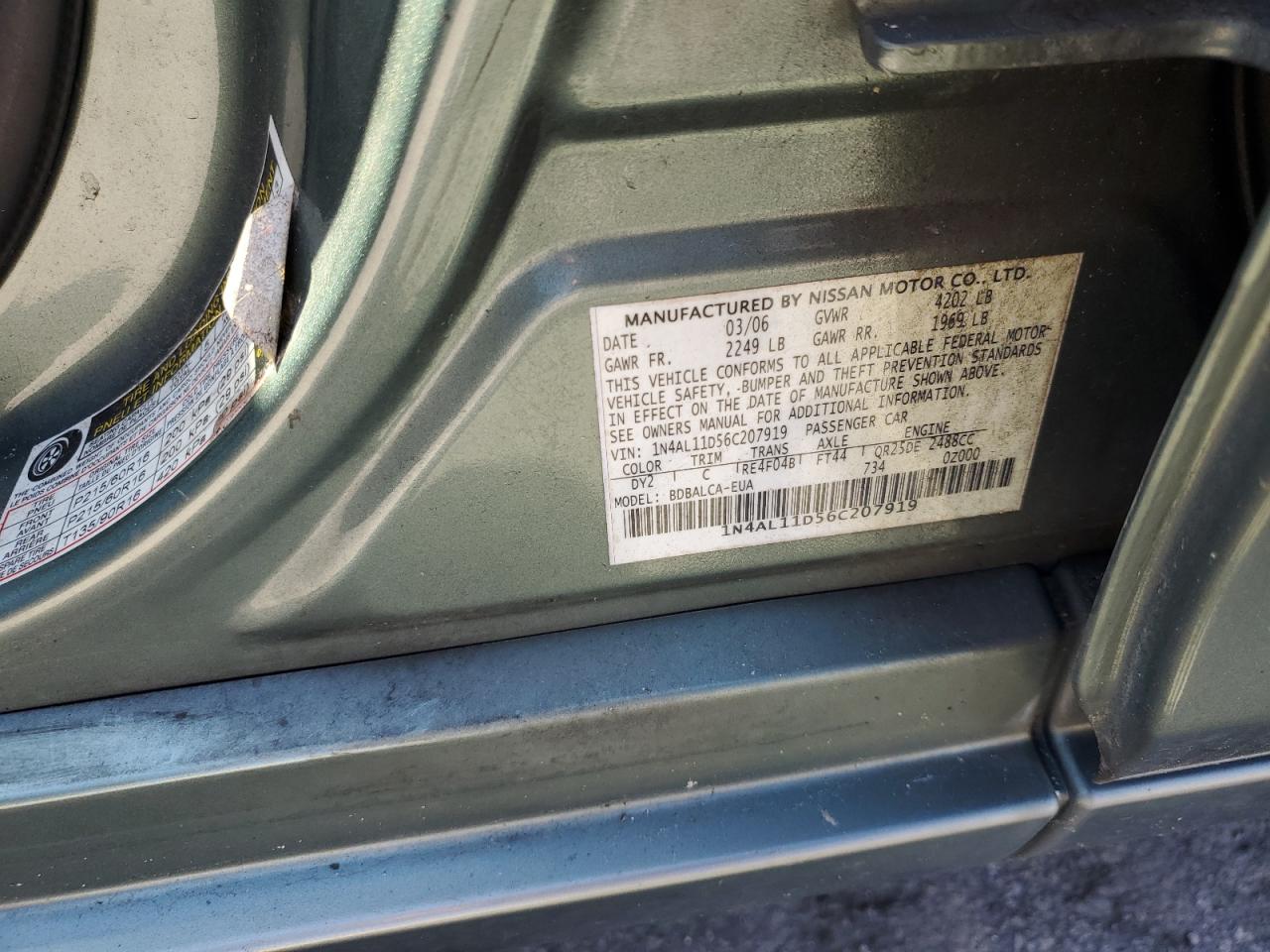 2006 Nissan Altima VIN 1N4AL11D56C207919 Copart auction photo, front end / rear end damage thumbnail 12