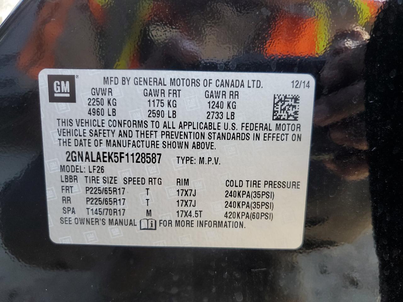 2015 Chevrolet Equinox VIN 2GNALAEK5F1128587 Copart auction photo, front end damage thumbnail 13