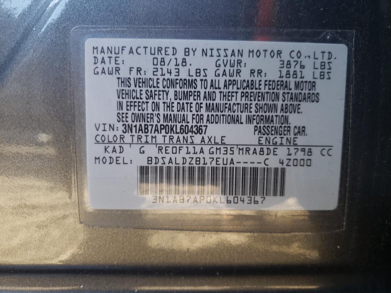 2019 Nissan Sentra VIN 3N1AB7AP0KL604367 Copart auction photo, rear end / stripped damage thumbnail 12