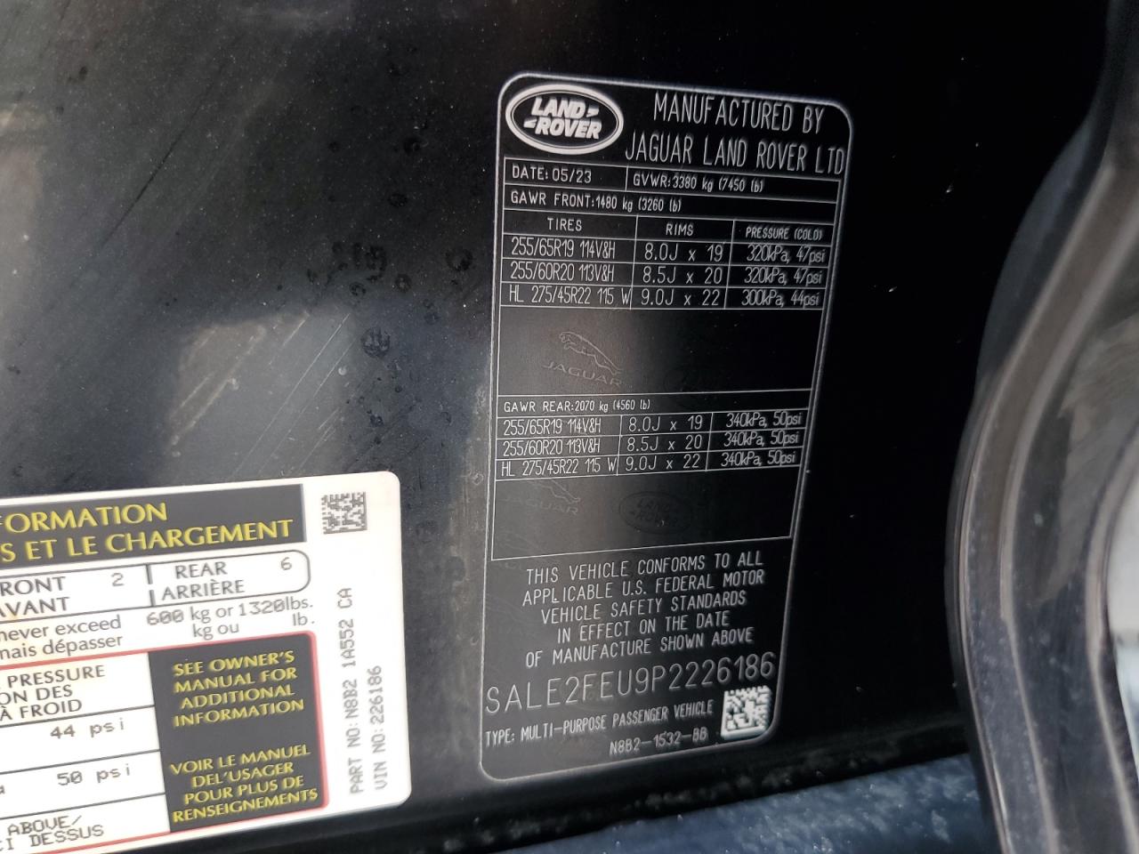 2023 Land Rover Defender VIN SALE2FEU9P2226186 Copart auction photo, water/flood damage thumbnail 14