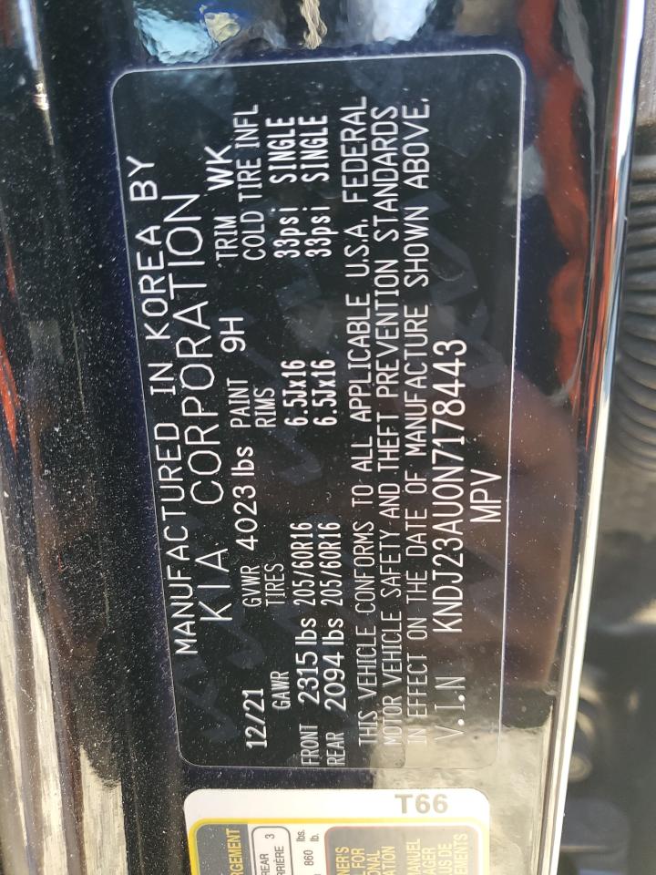 2022 KIA Soul VIN KNDJ23AU0N7178443 Copart auction photo, side / rear end damage thumbnail 15
