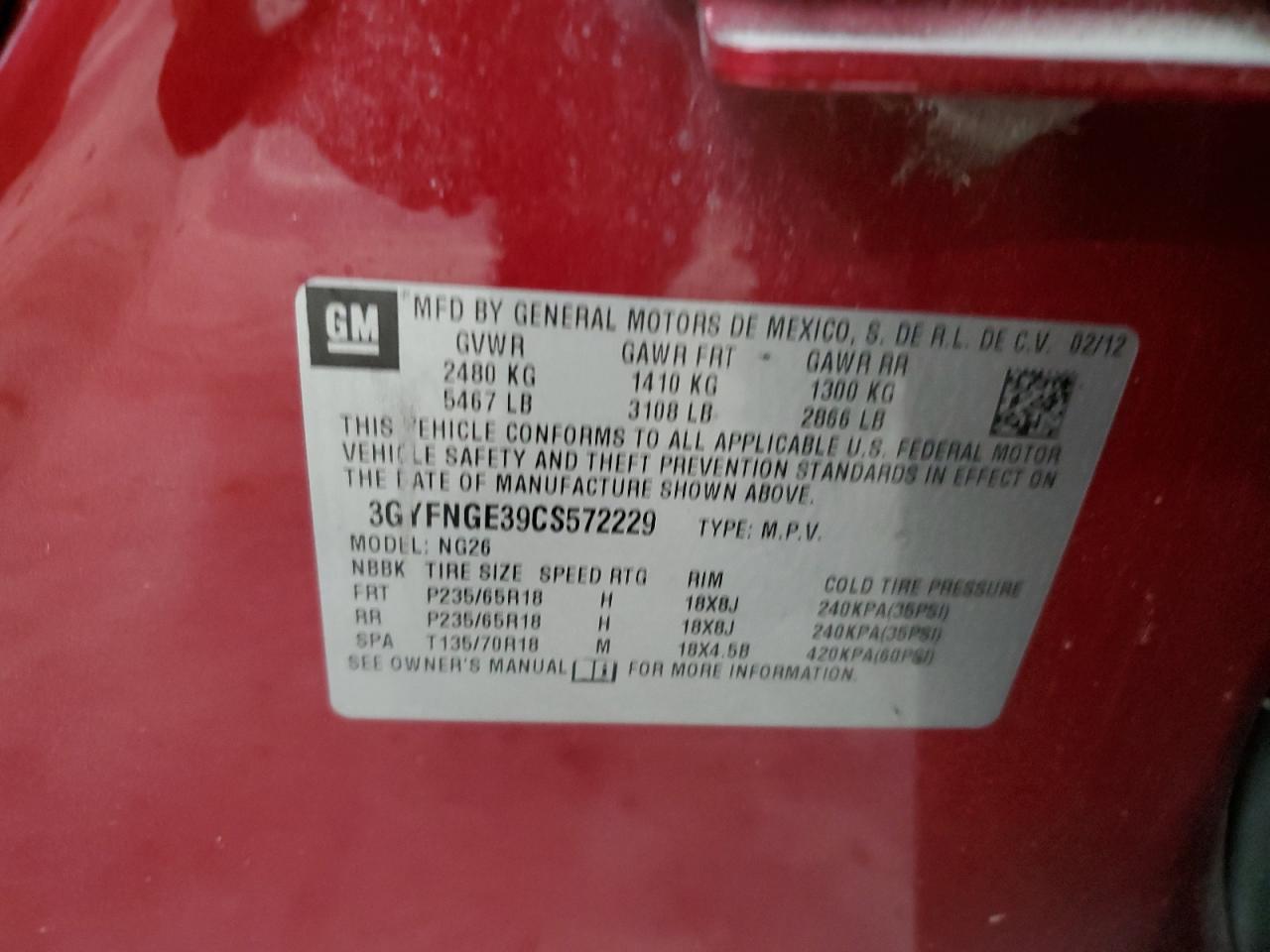 2012 Cadillac SRX VIN 3GYFNGE39CS572229 Copart auction photo, front end / minor dent/scratches damage thumbnail 15