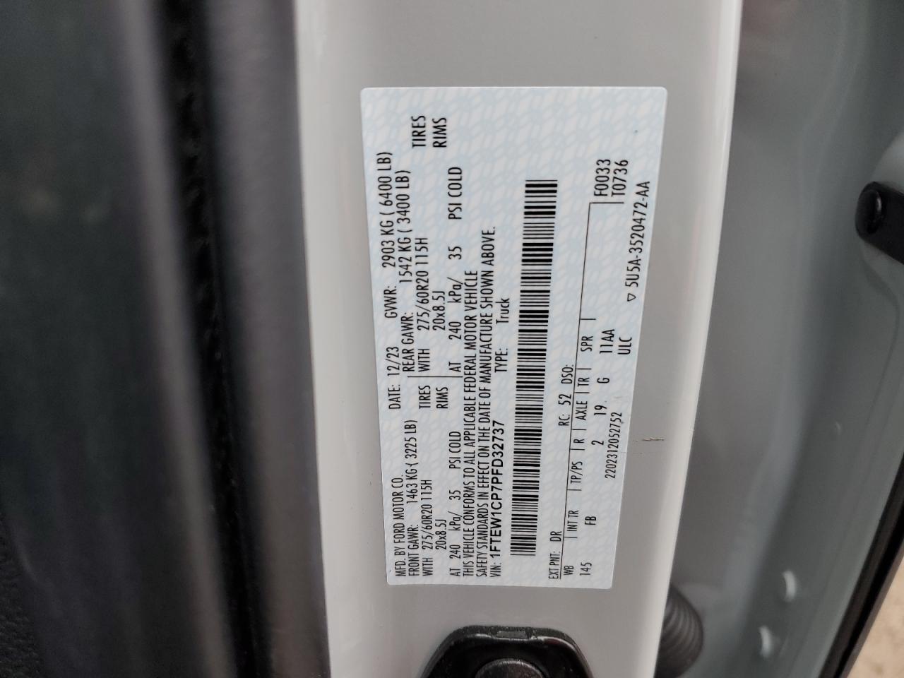 2023 Ford F-150 VIN 1FTEW1CP7PFD32737 Copart auction photo, side / rear end damage thumbnail 14