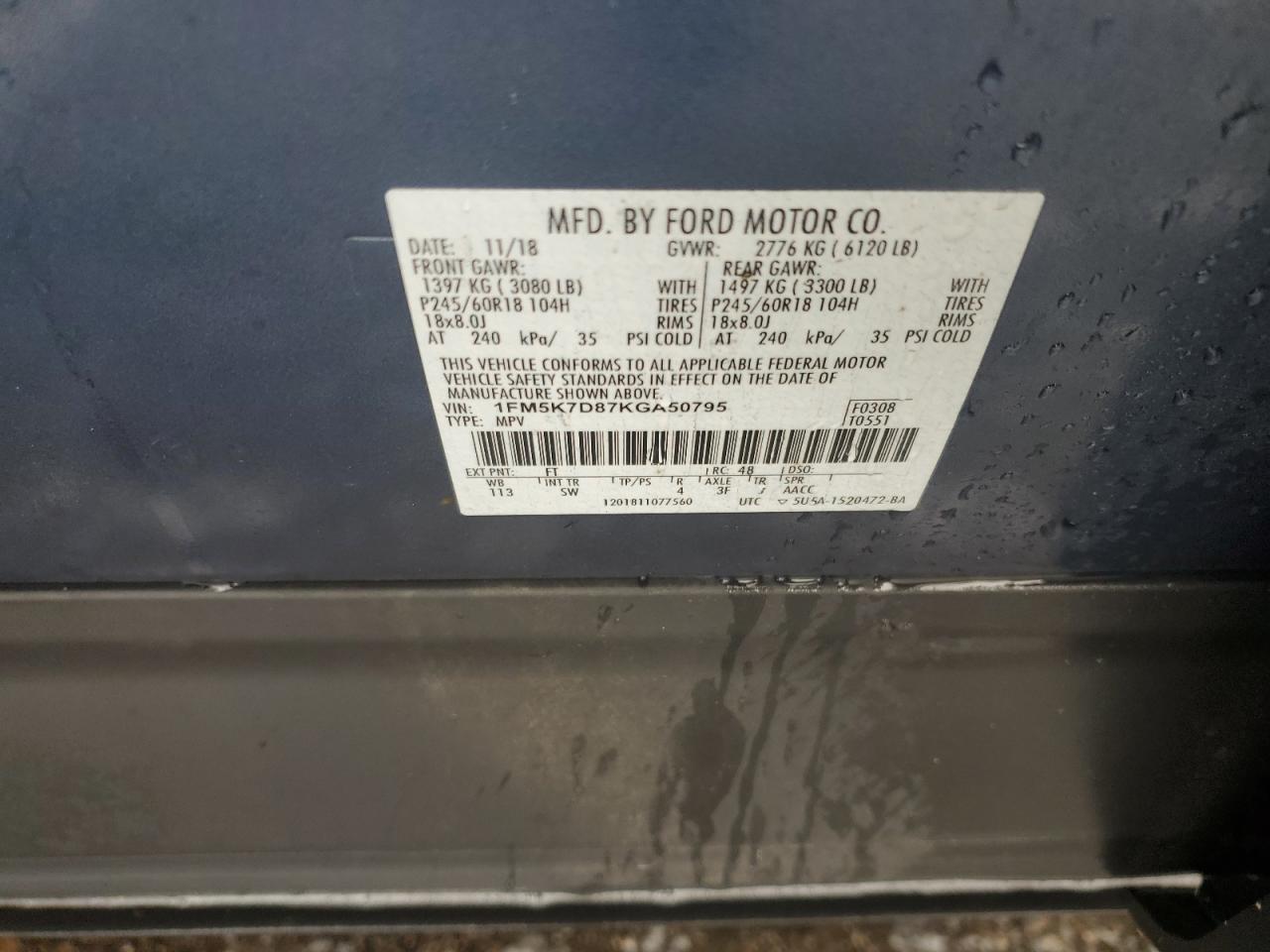 2019 Ford Explorer VIN 1FM5K7D87KGA50795 Copart auction photo, rear end damage thumbnail 14