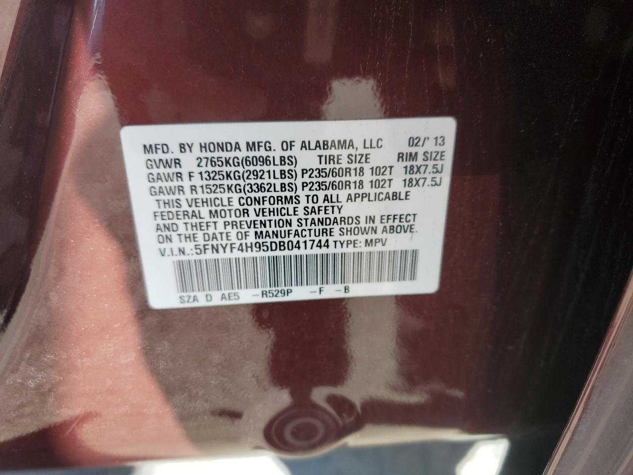 2013 Honda Pilot VIN 5FNYF4H95DB041744 Copart auction photo, front end damage thumbnail 15