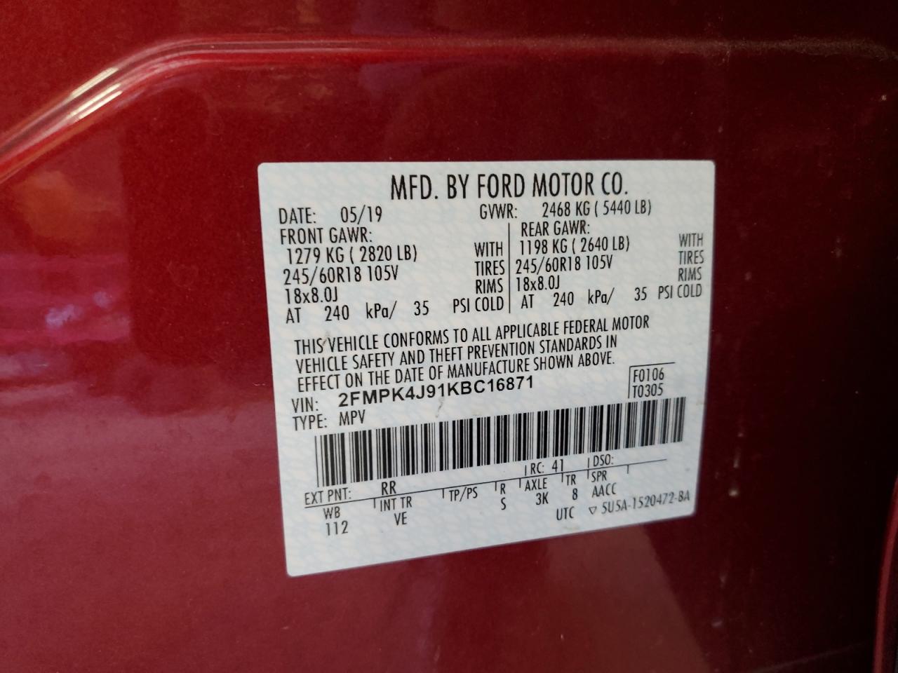 2019 Ford Edge VIN 2FMPK4J91KBC16871 Copart auction photo, front end / minor dent/scratches damage thumbnail 13