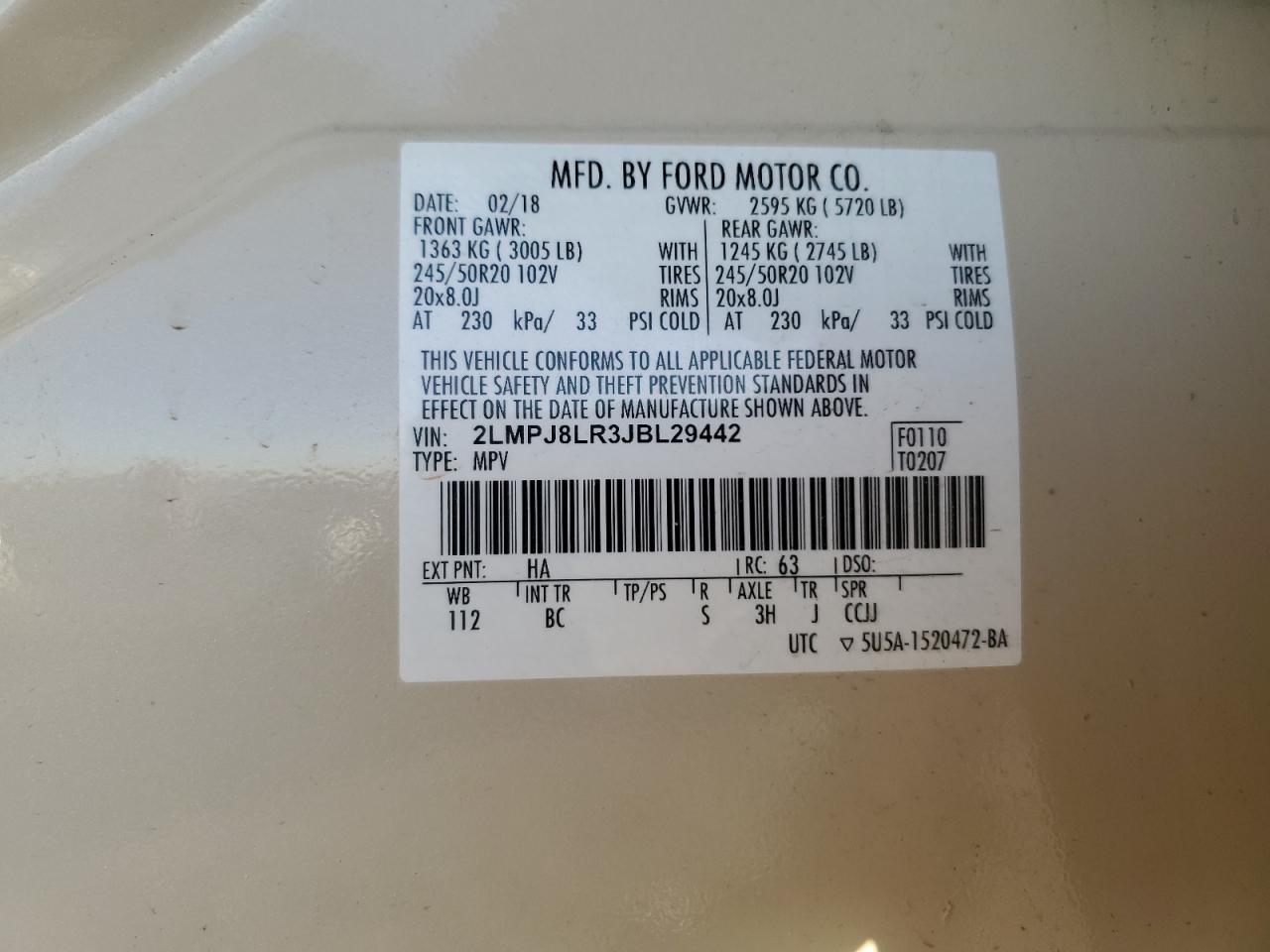 2018 Lincoln MKX VIN 2LMPJ8LR3JBL29442 Copart auction photo, water/flood / hail damage thumbnail 14