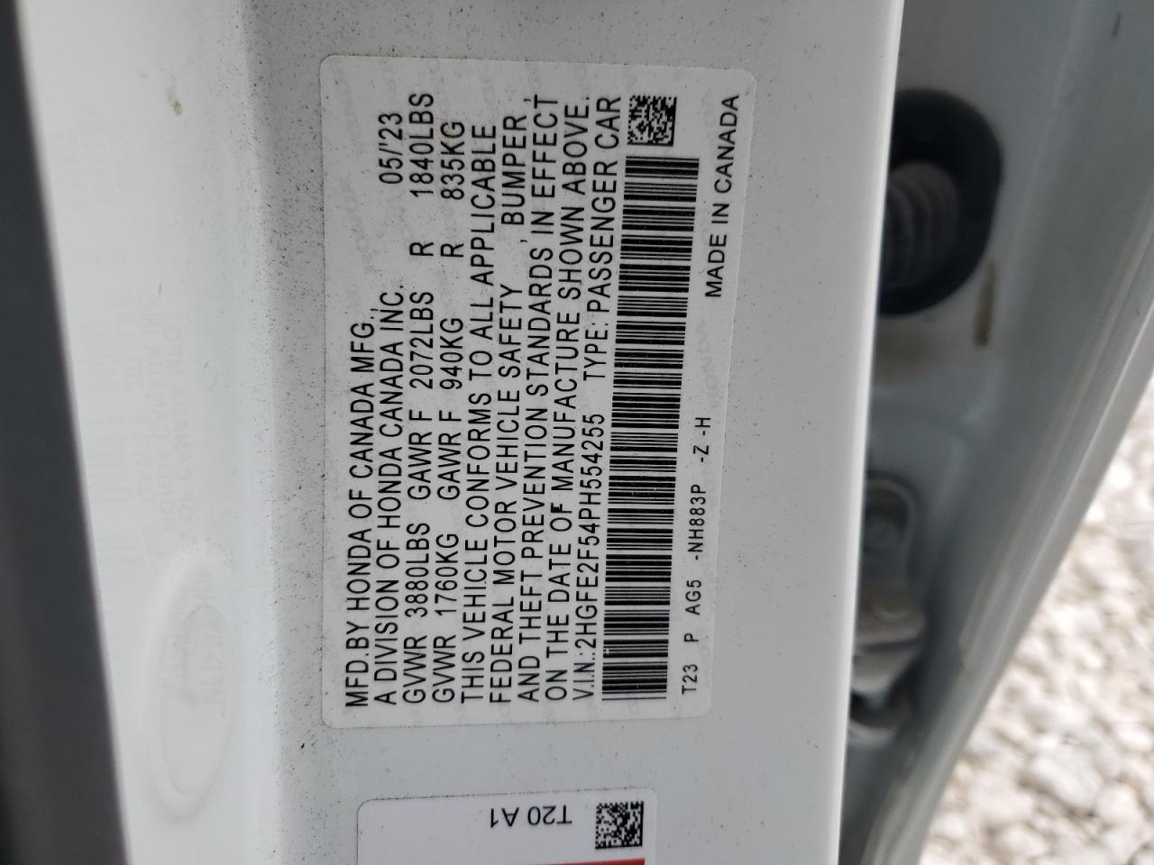 2023 Honda Civic VIN 2HGFE2F54PH554255 Copart auction photo, rear end damage thumbnail 12