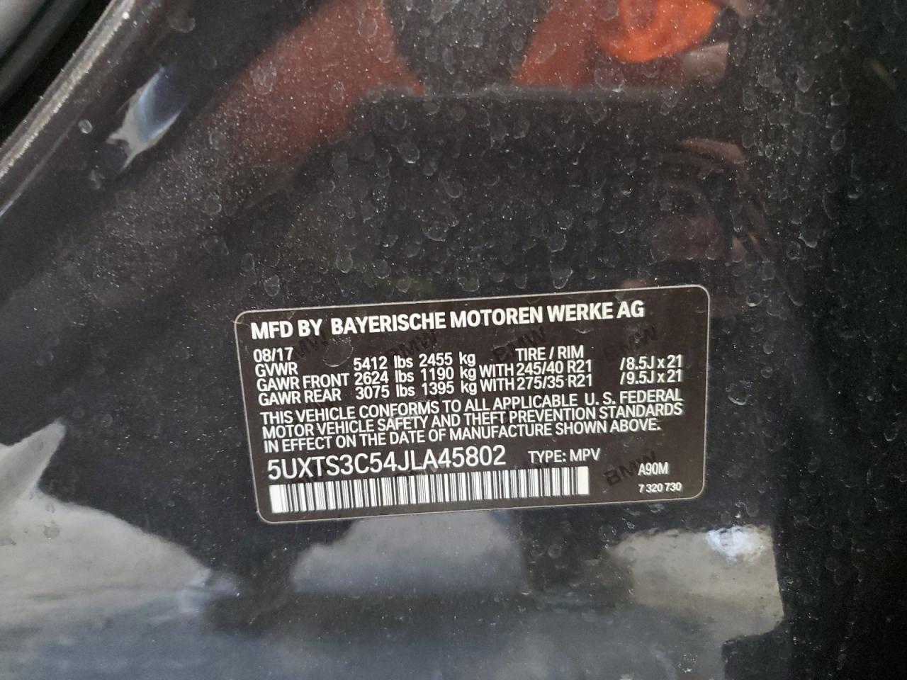 2018 BMW X3 VIN 5UXTS3C54JLA45802 Copart auction photo, front end / minor dent/scratches damage thumbnail 13