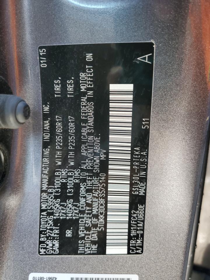 2015 Toyota Sienna VIN 5TDKK3DC8FS575140 Copart auction photo, rear end damage thumbnail 14