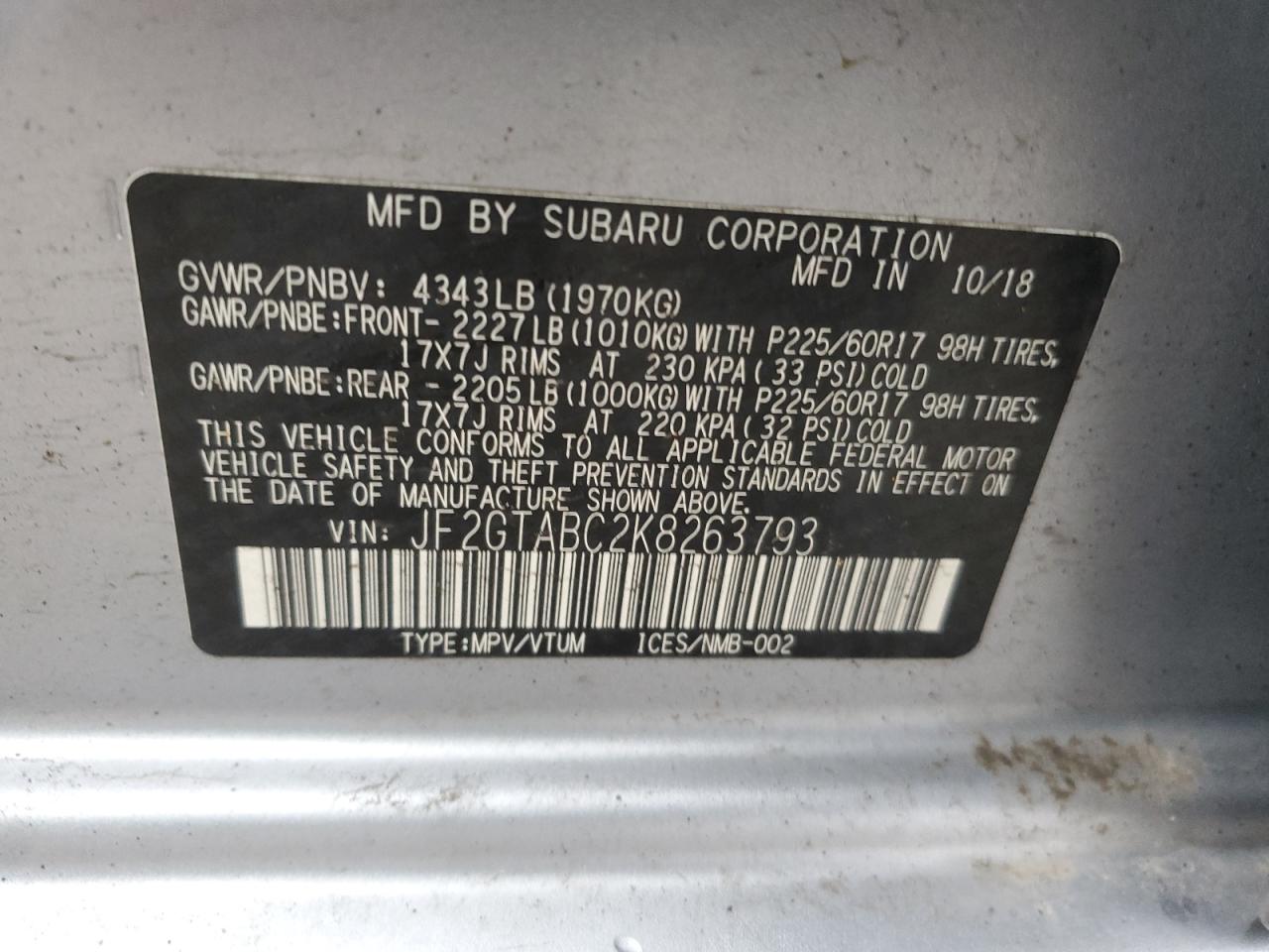2019 Subaru XV VIN JF2GTABC2K8263793 Copart auction photo, all over damage thumbnail 12