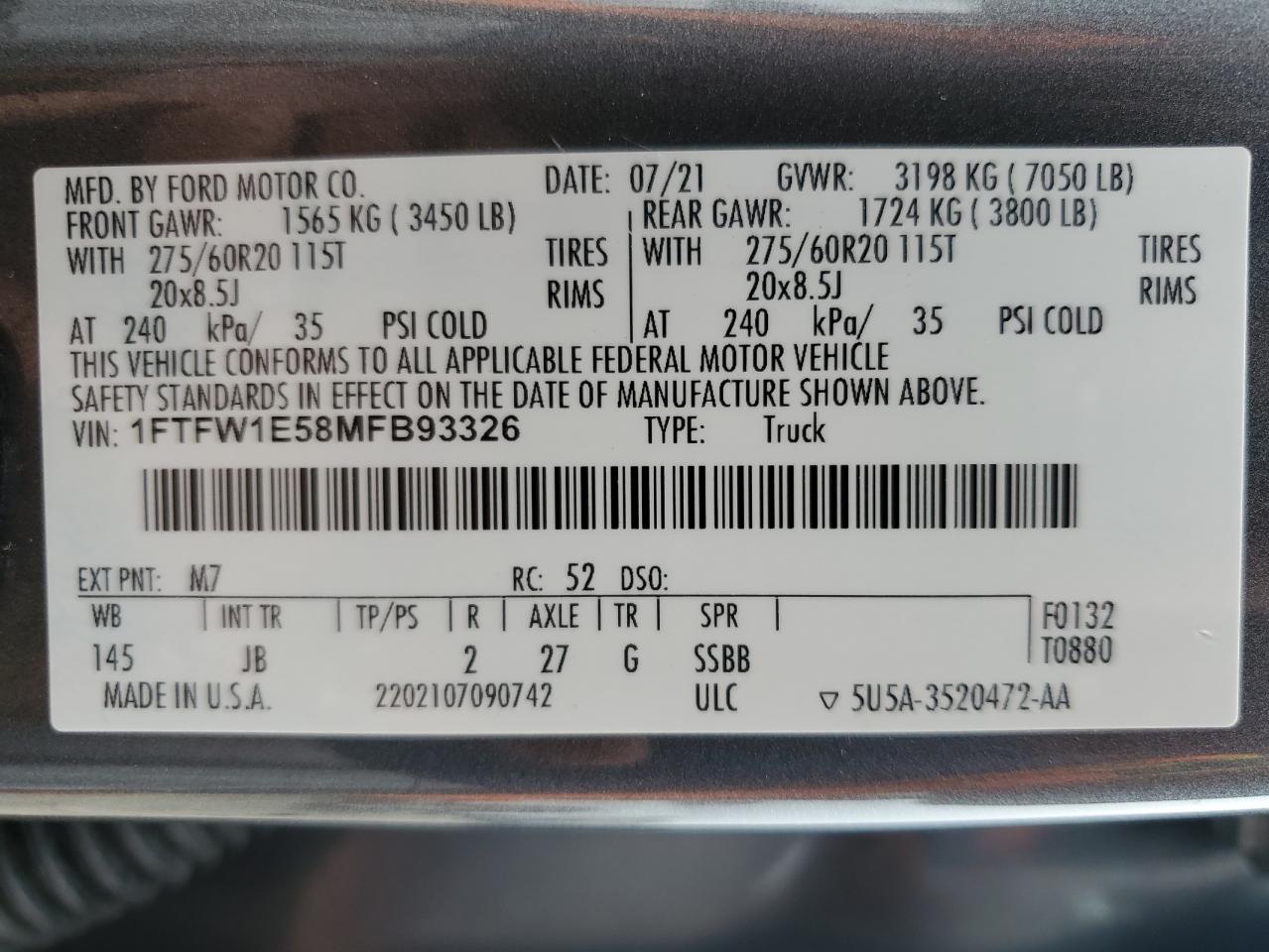 2021 Ford F-150 VIN 1FTFW1E58MFB93326 Copart auction photo, side / hail damage thumbnail 12
