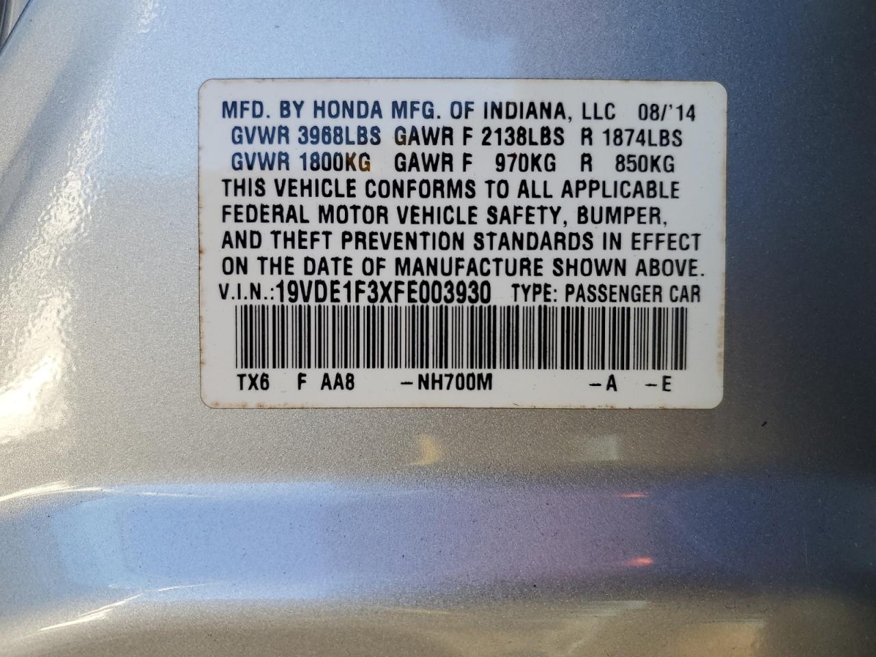 2015 Acura ILX VIN 19VDE1F3XFE003930 Copart auction photo, rear end / side damage thumbnail 12
