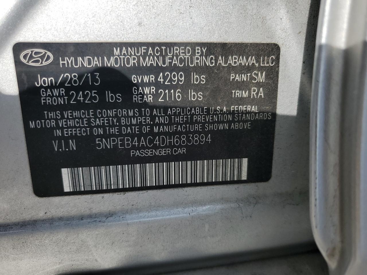 2013 Hyundai Sonata VIN 5NPEB4AC4DH683894 Copart auction photo, side / front end damage thumbnail 14