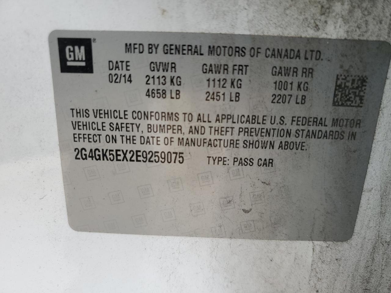 2014 Buick Regal VIN 2G4GK5EX2E9259075 Copart auction photo, front end damage thumbnail 14