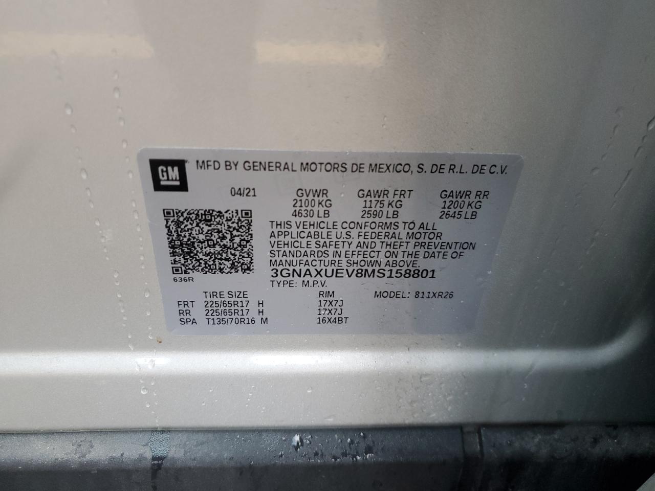 2021 Chevrolet Equinox VIN 3GNAXUEV8MS158801 Copart auction photo, front end damage thumbnail 14