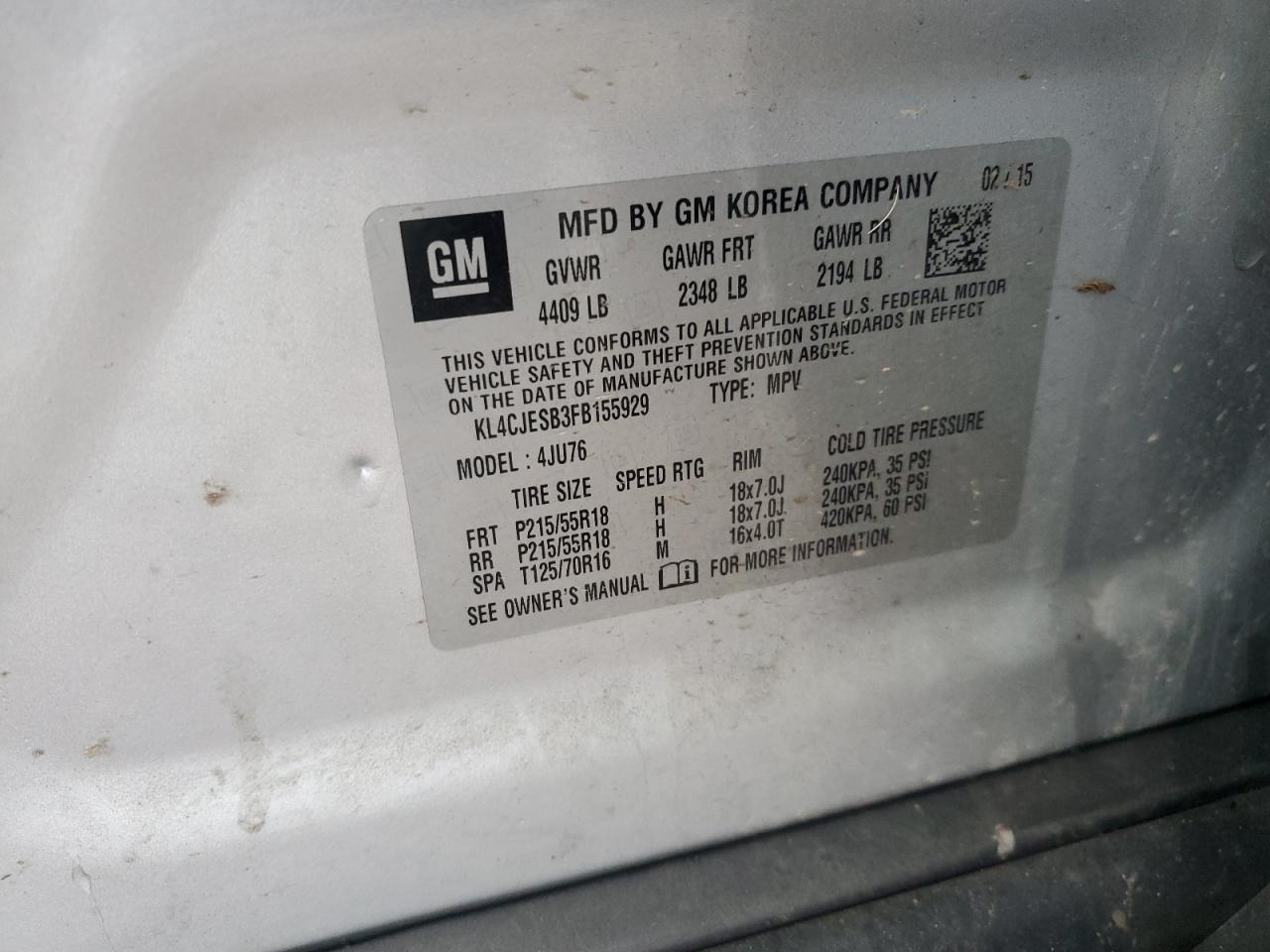 2015 Buick Encore VIN KL4CJESB3FB155929 Copart auction photo, rear end damage thumbnail 13