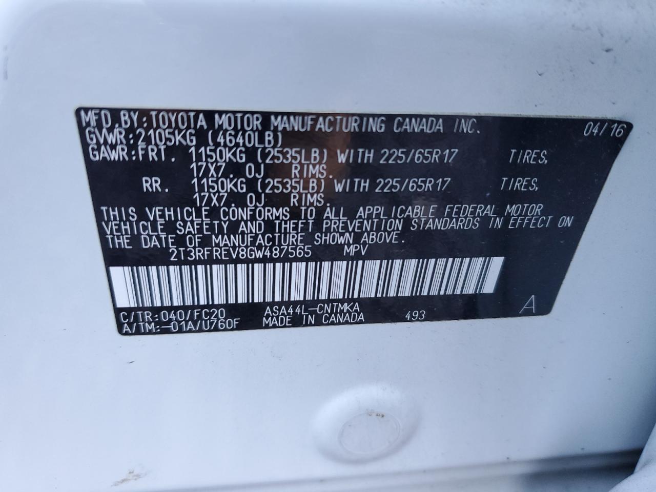 2016 Toyota RAV 4 VIN 2T3RFREV8GW487565 Copart auction photo, front end damage thumbnail 13