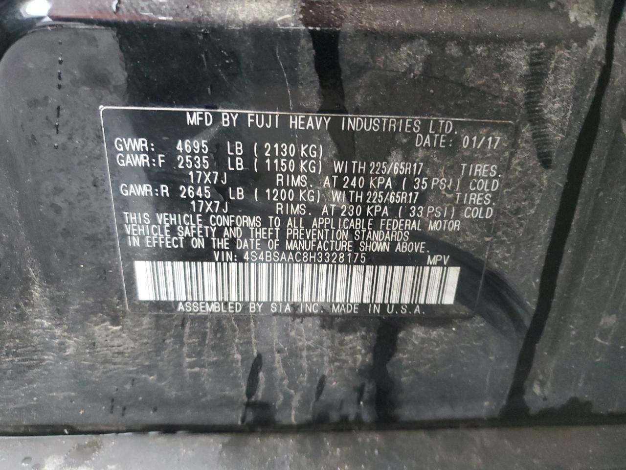 2017 Subaru Outback VIN 4S4BSAAC8H3328175 Copart auction photo, vandalism damage thumbnail 12