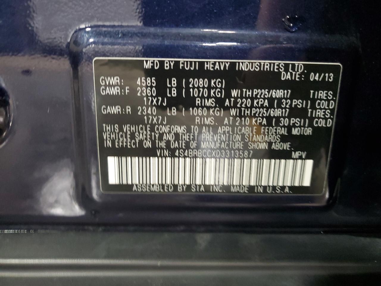 2013 Subaru Outback VIN 4S4BRBCCXD3313587 Copart auction photo, front end / rear end damage thumbnail 14