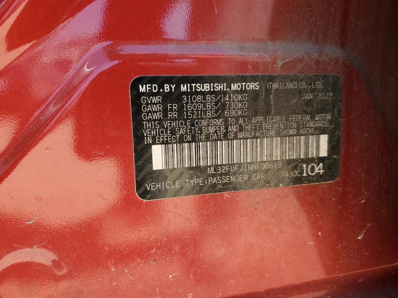 2022 Mitsubishi Mirage VIN ML32FUFJ1NHF06613 Copart auction photo, front end damage thumbnail 13