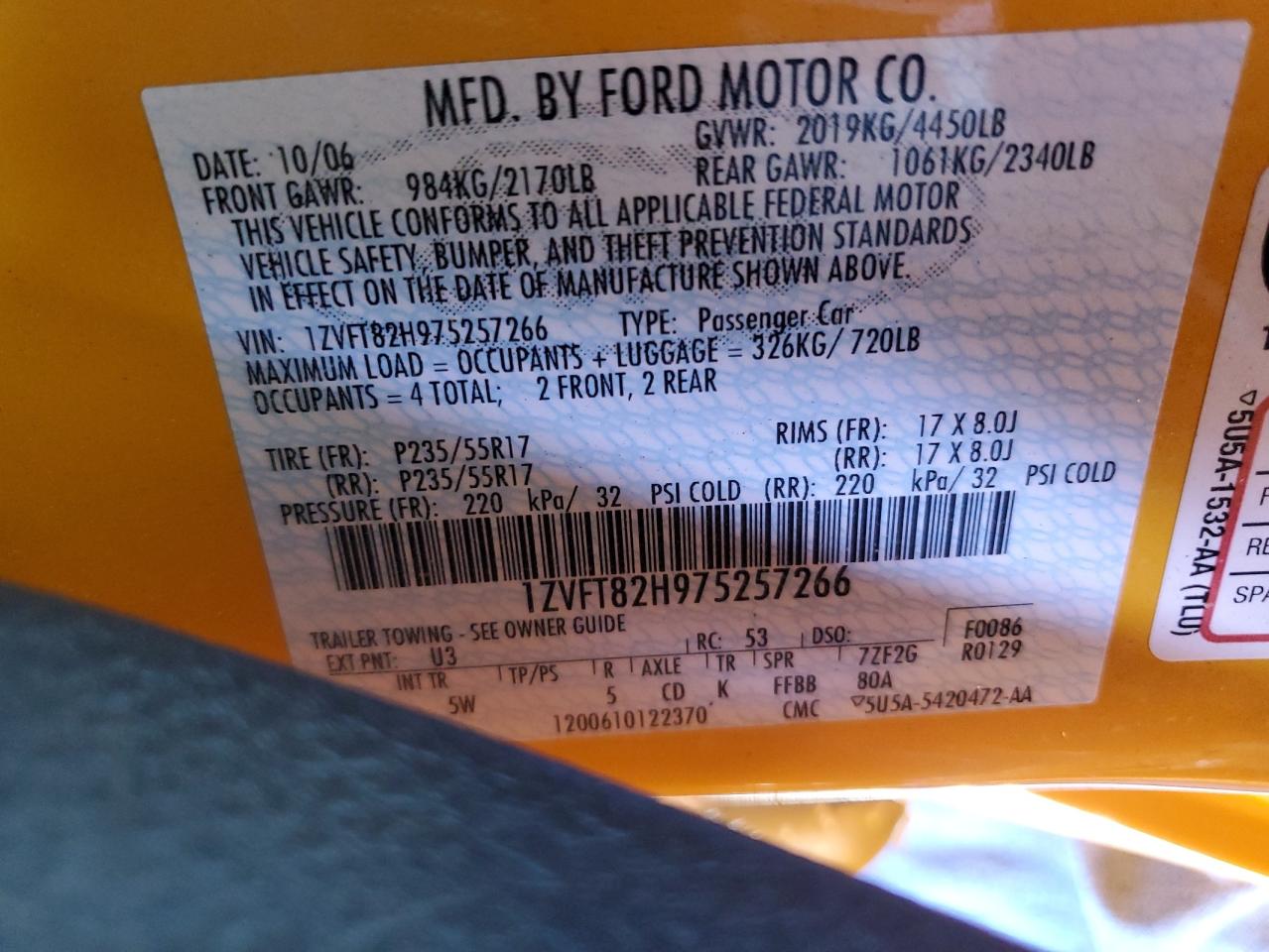 2007 Ford Mustang VIN 1ZVFT82H975257266 Copart auction photo, front end / side damage thumbnail 13