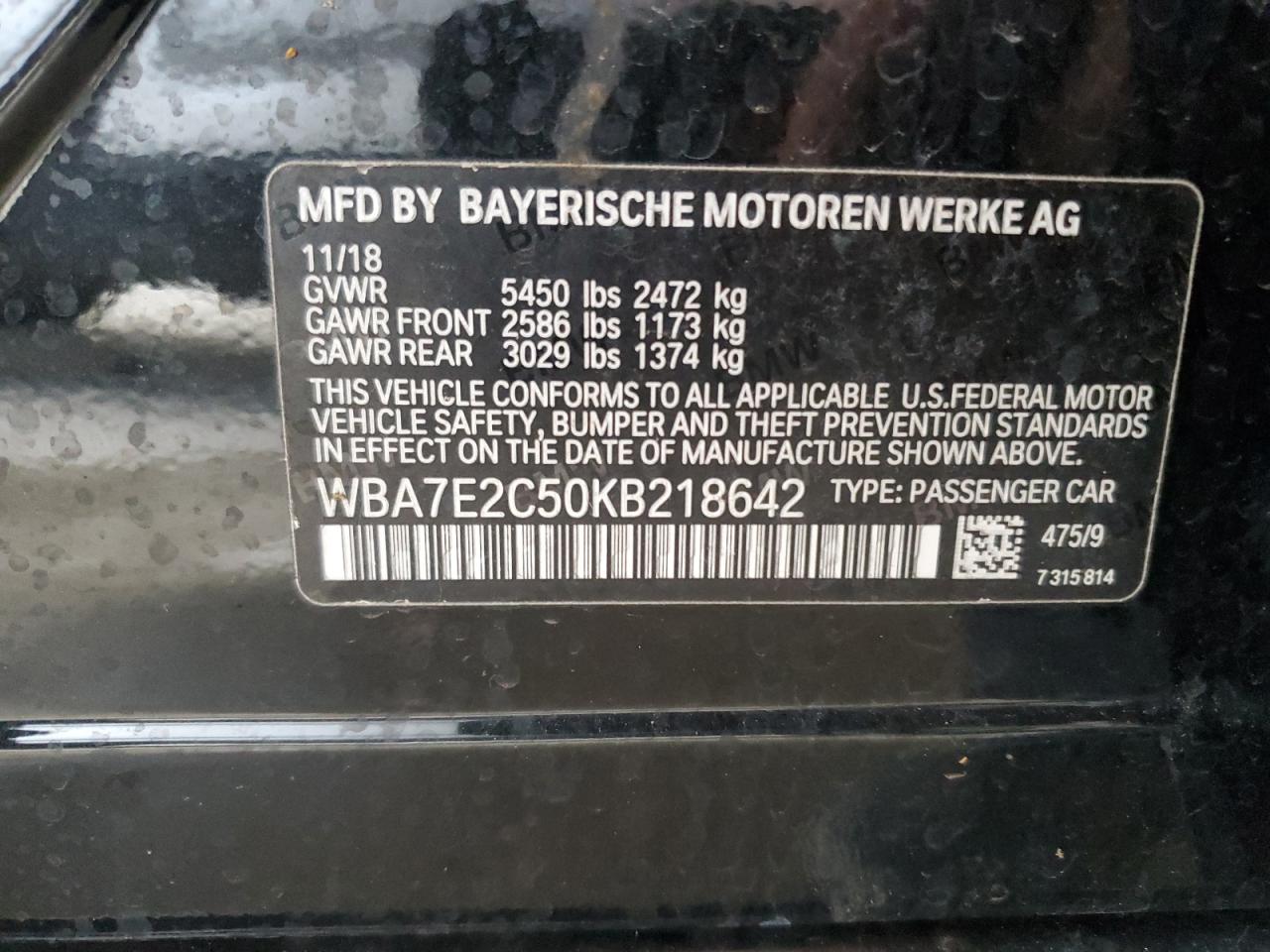 2019 BMW 7er VIN WBA7E2C50KB218642 Copart auction photo, water/flood damage thumbnail 13