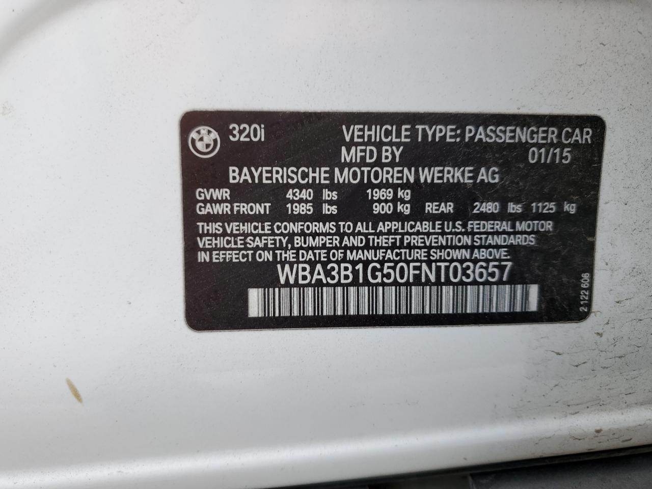 2015 BMW 3er VIN WBA3B1G50FNT03657 Copart auction photo, front end / side damage thumbnail 14