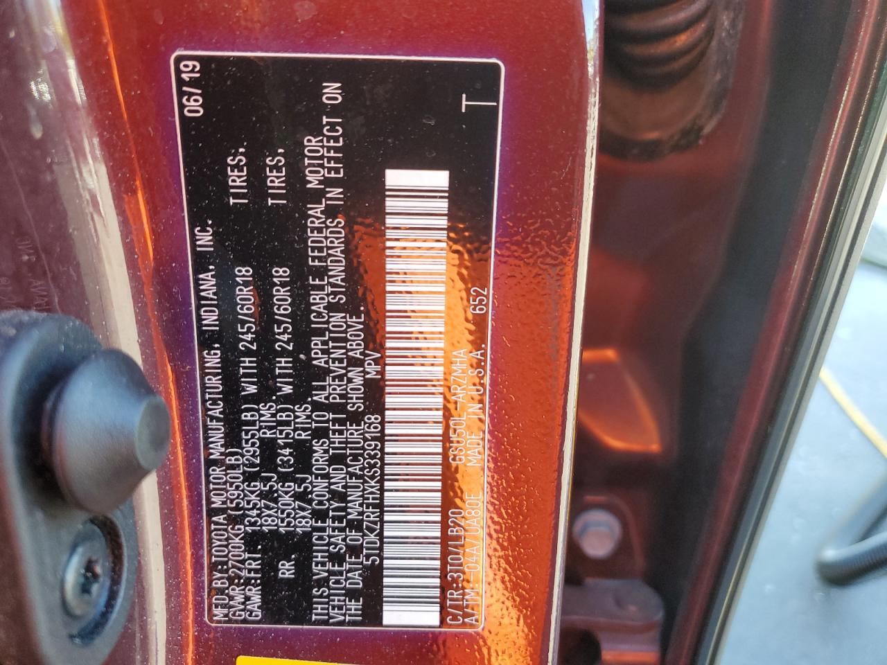 2019 Toyota Highlander VIN 5TDKZRFHXKS339168 Copart auction photo, front end / rear end damage thumbnail 15