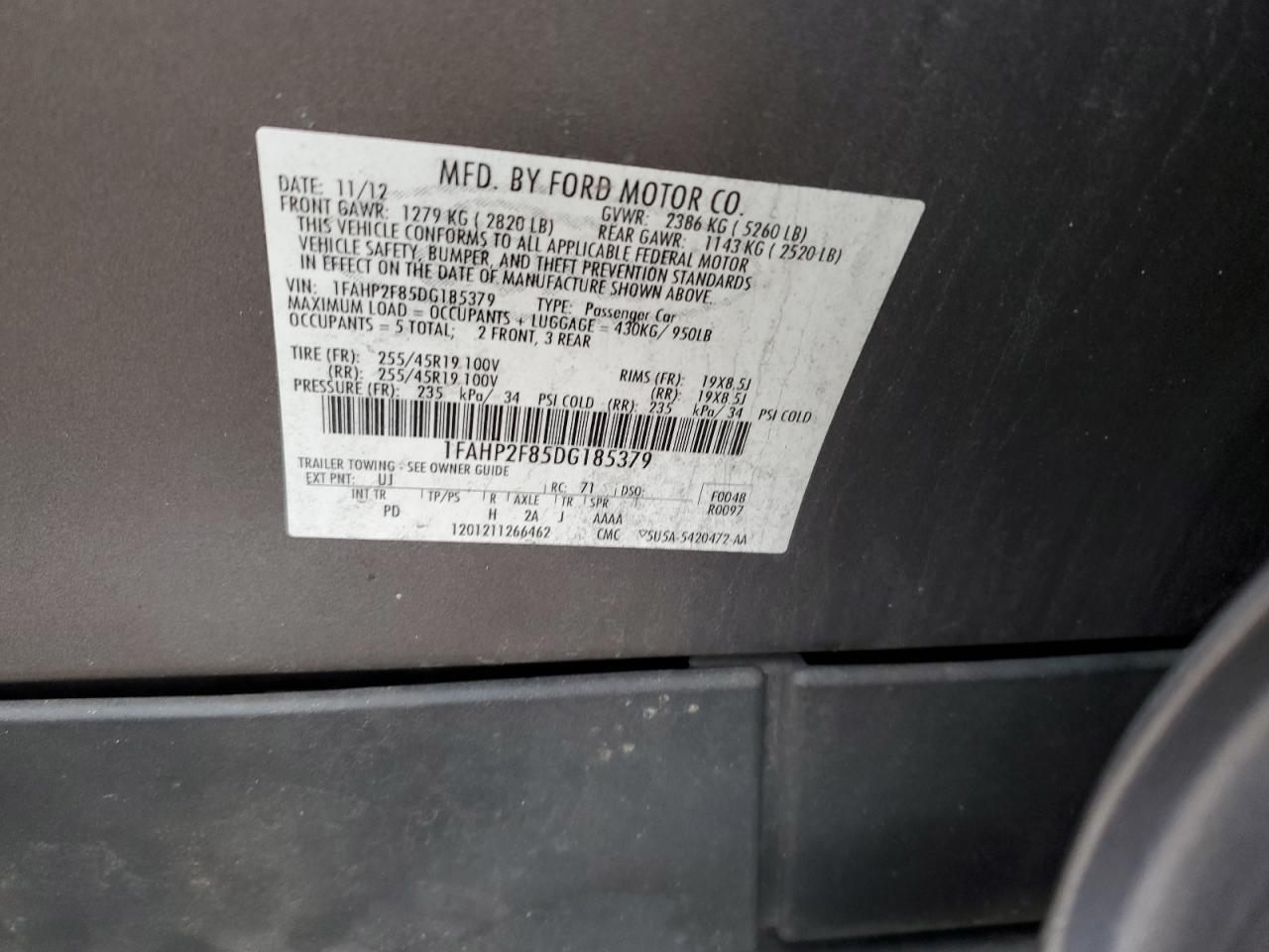 2013 Ford Taurus VIN 1FAHP2F85DG185379 Copart auction photo, front end / minor dent/scratches damage thumbnail 12