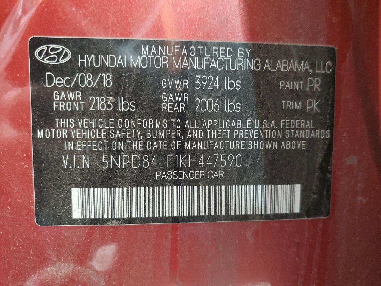 2019 Hyundai Elantra VIN 5NPD84LF1KH447590 Copart auction photo, front end damage thumbnail 12
