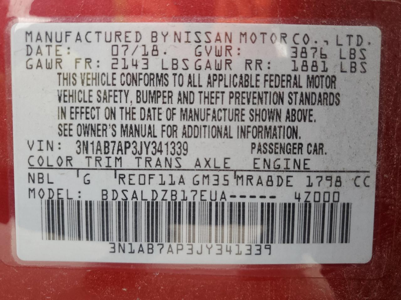 2018 Nissan Sentra VIN 3N1AB7AP3JY341339 Copart auction photo, rear end damage thumbnail 12