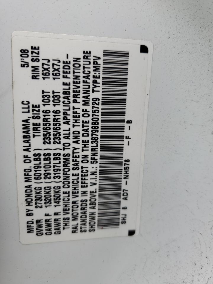 2008 Honda Odyssey VIN 5FNRL38798B075729 Copart auction photo, all over damage thumbnail 13