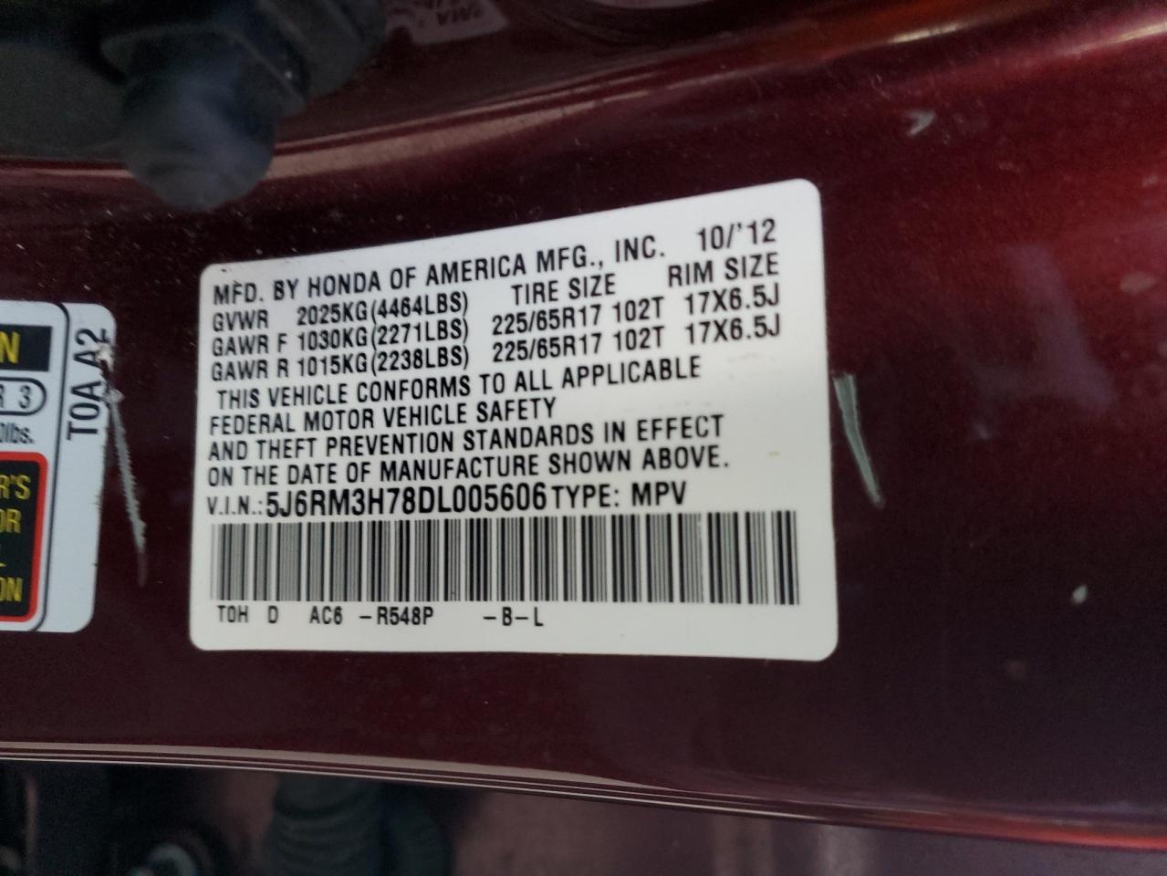 2013 Honda CR-V VIN 5J6RM3H78DL005606 Copart auction photo, water/flood damage thumbnail 14