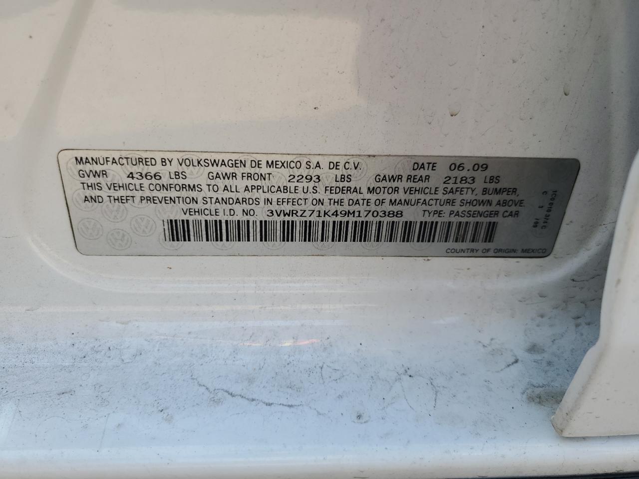 2009 Volkswagen Jetta VIN 3VWRZ71K49M170388 Copart auction photo, all over damage thumbnail 13