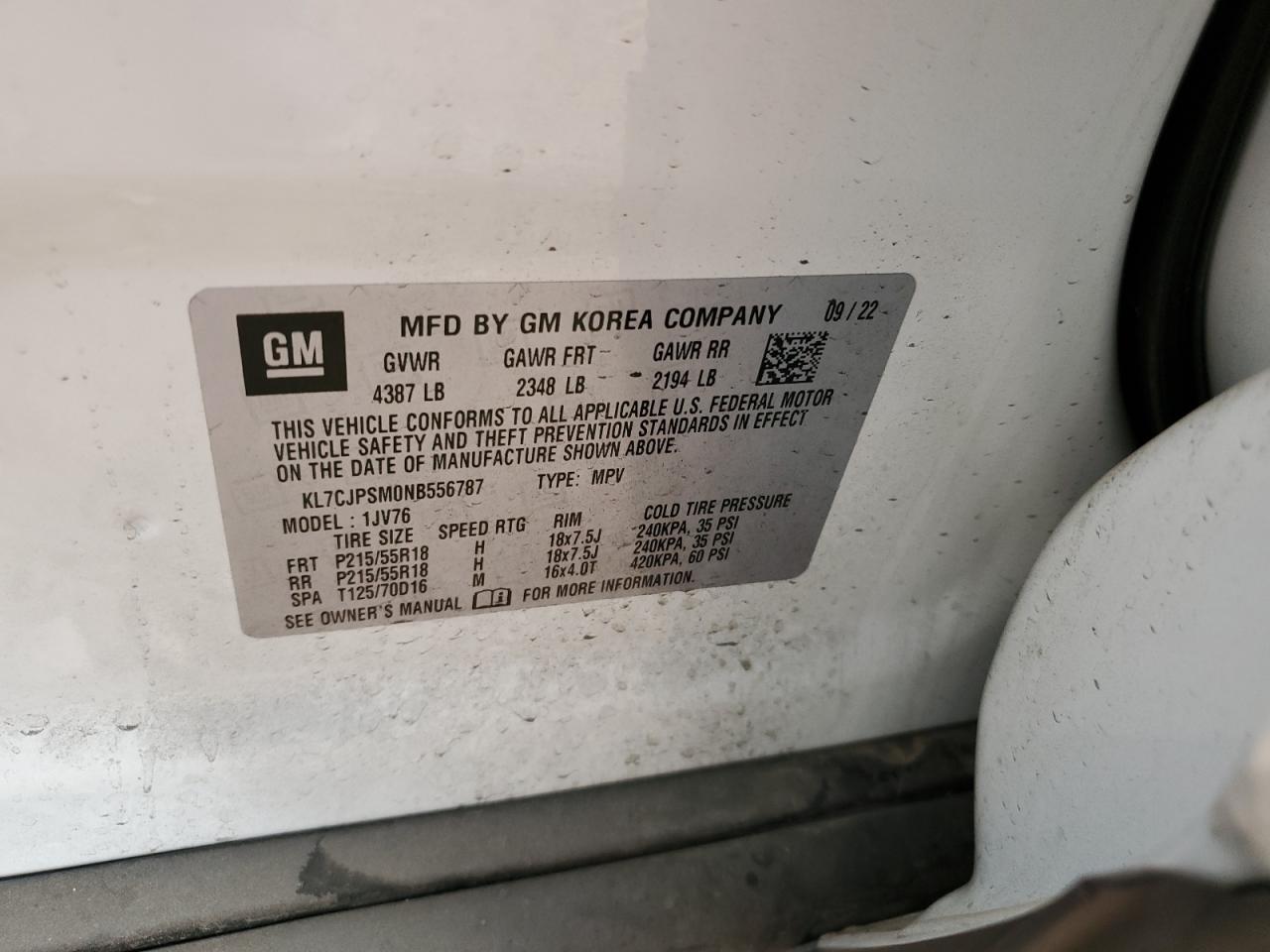 2022 Chevrolet Trax VIN KL7CJPSM0NB556787 Copart auction photo, front end damage thumbnail 15