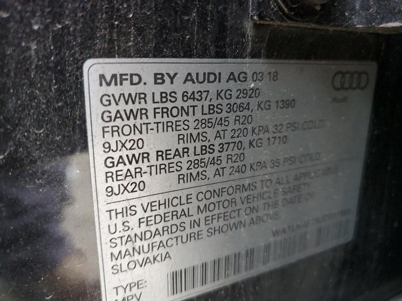 2018 Audi Q7 VIN WA1LHAF78JD037589 Copart auction photo, front end damage thumbnail 14