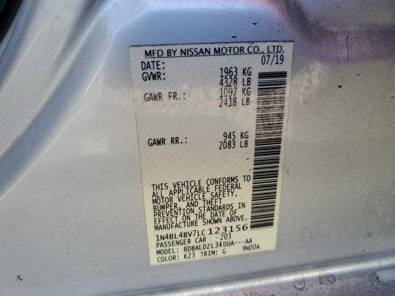 2020 Nissan Altima VIN 1N4BL4BV7LC123156 Copart auction photo, front end / side damage thumbnail 12
