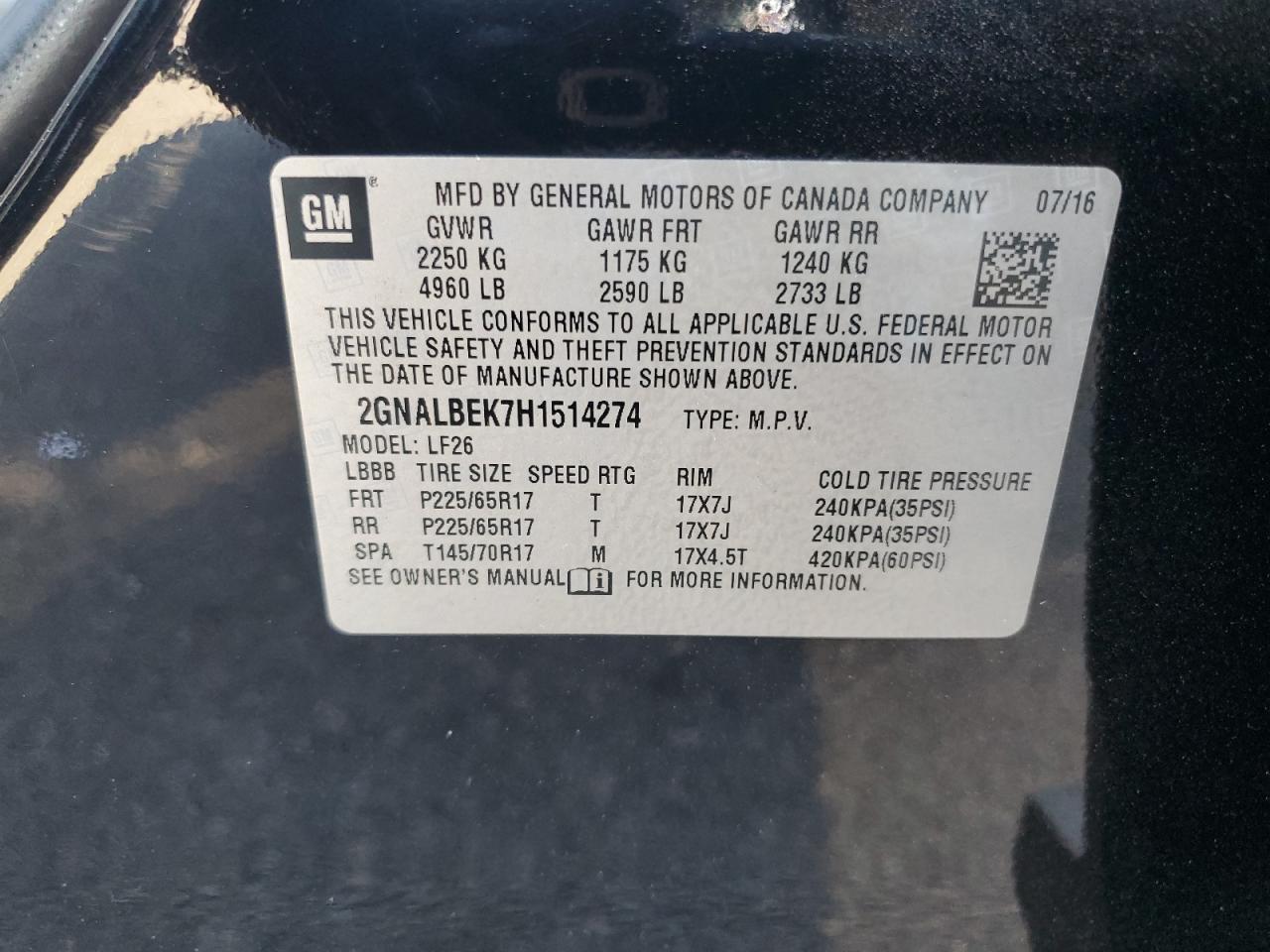 2017 Chevrolet Equinox VIN 2GNALBEK7H1514274 Copart auction photo, side damage thumbnail 13