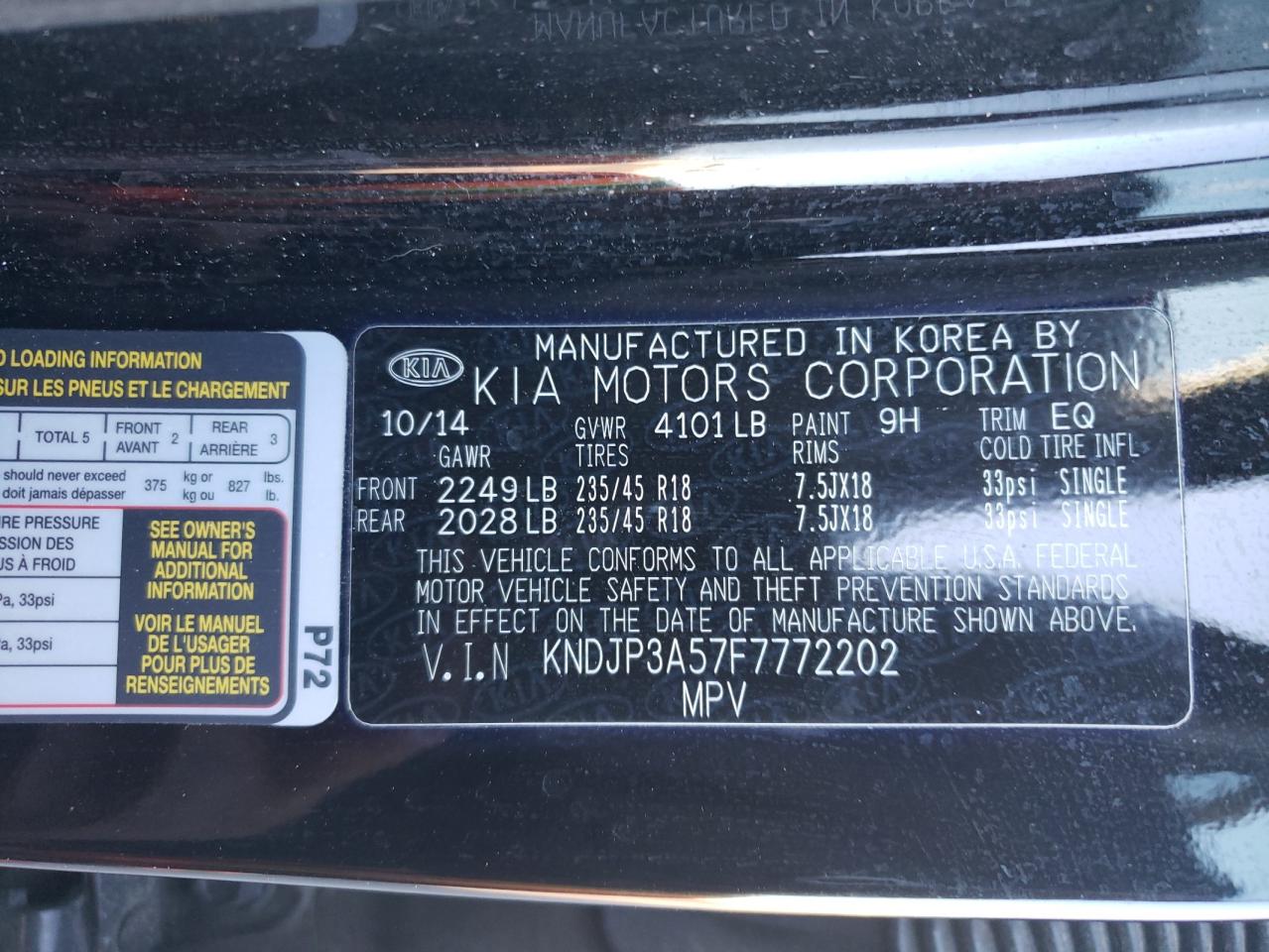 2015 KIA Soul VIN KNDJP3A57F7772202 Copart auction photo, rear end damage thumbnail 12