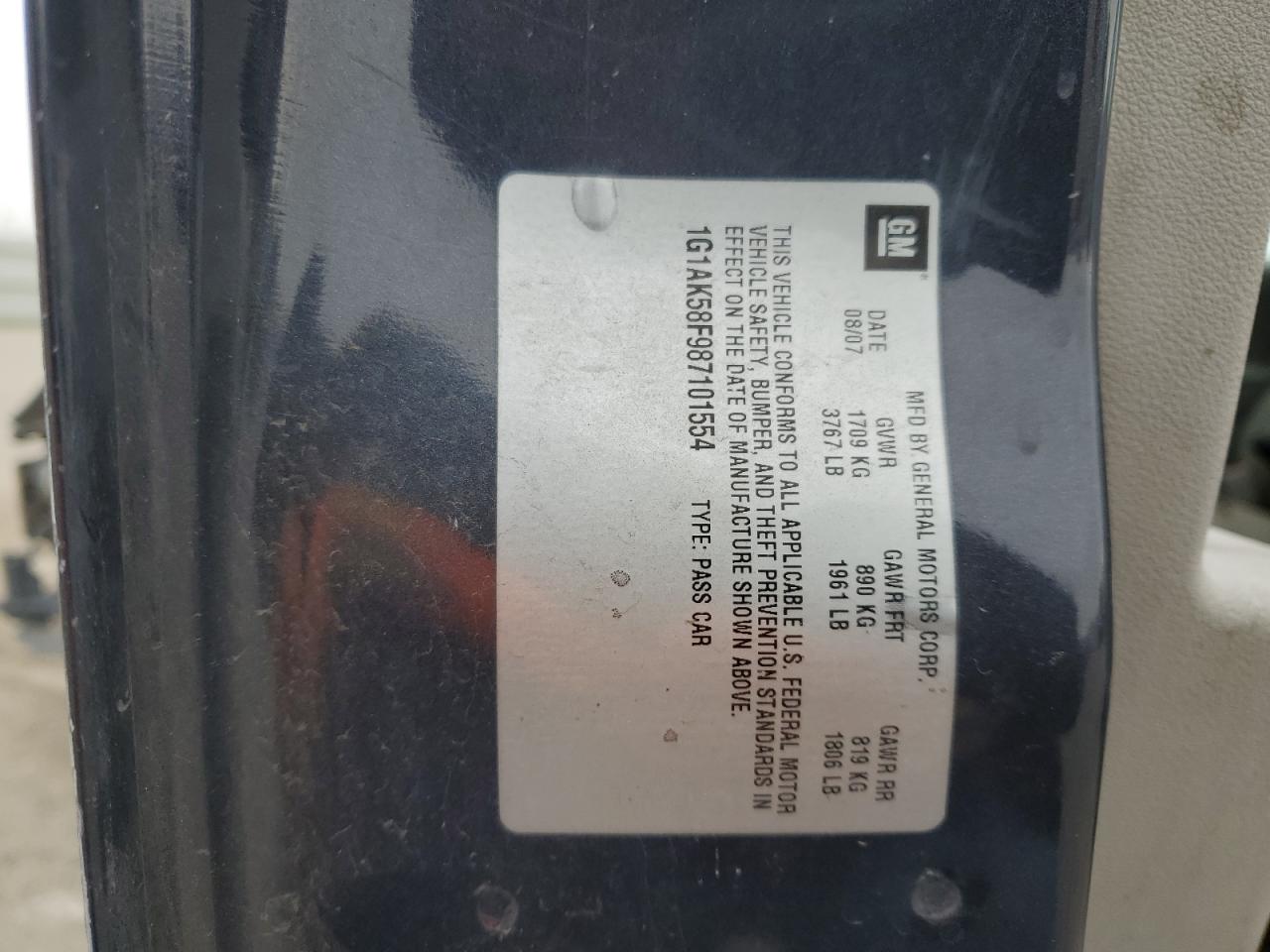 2008 Chevrolet Cobalt VIN 1G1AK58F987101554 Copart auction photo, front end damage thumbnail 12