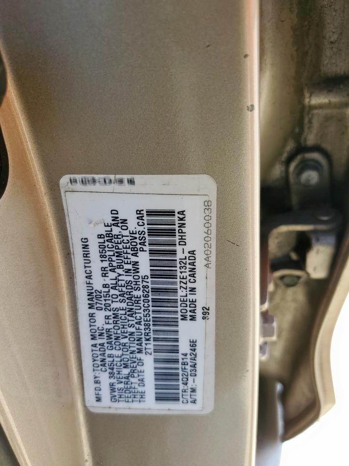2003 Toyota Corolla VIN 2T1KR38E53C062875 Copart auction photo, front end / side damage thumbnail 12