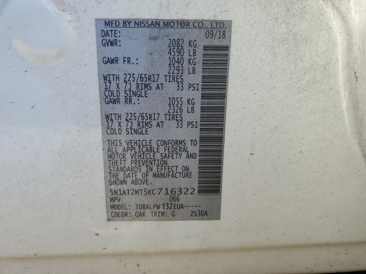 2019 Nissan Rogue VIN 5N1AT2MT5KC716322 Copart auction photo, side damage thumbnail 14