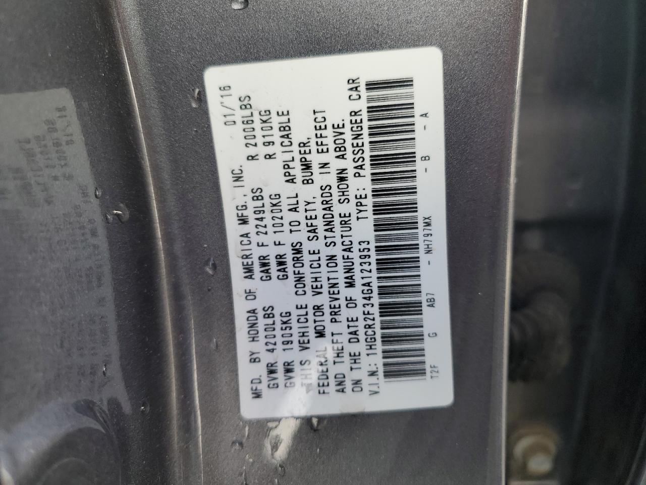 2016 Honda Accord VIN 1HGCR2F34GA123953 Copart auction photo, front end / side damage thumbnail 12